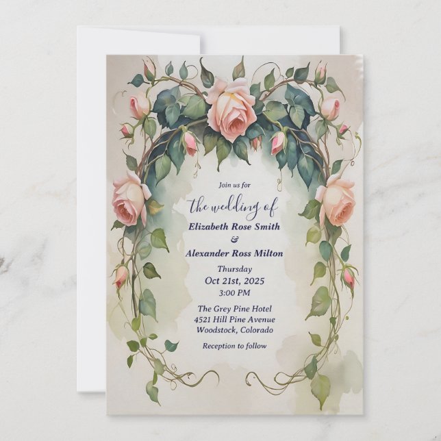 Pretty blush pink roses floral frame wedding invitation (Front)