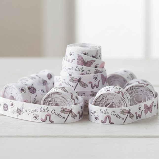 Pretty Blush Pink & Sage Girly Insect Monogram Grosgrain Ribbon (Cute Nature Insect Ribbon for Girl. Whimsical Bugs Pattern & Monogram for Her for Girl Baby Shower )