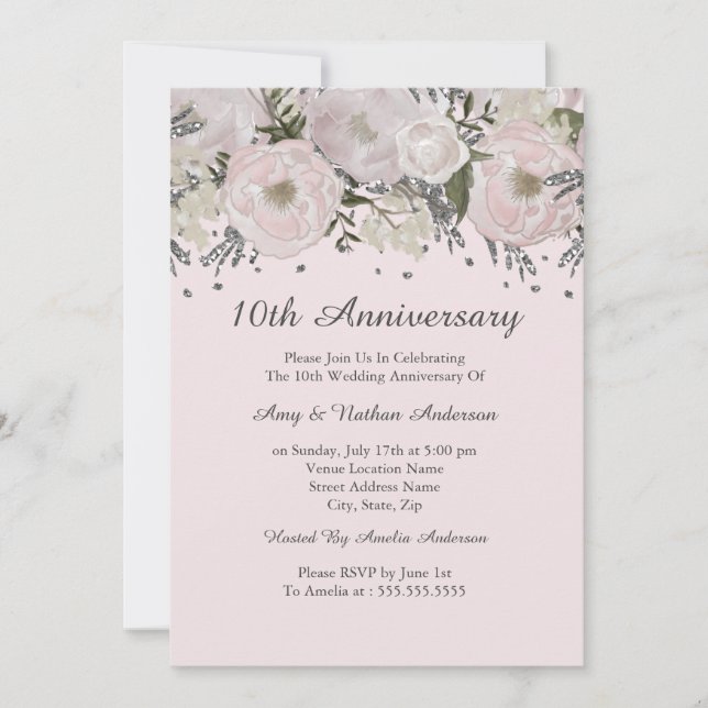 Pretty Blush Pink Silver Floral 10th Anniversary Invitation (Front)