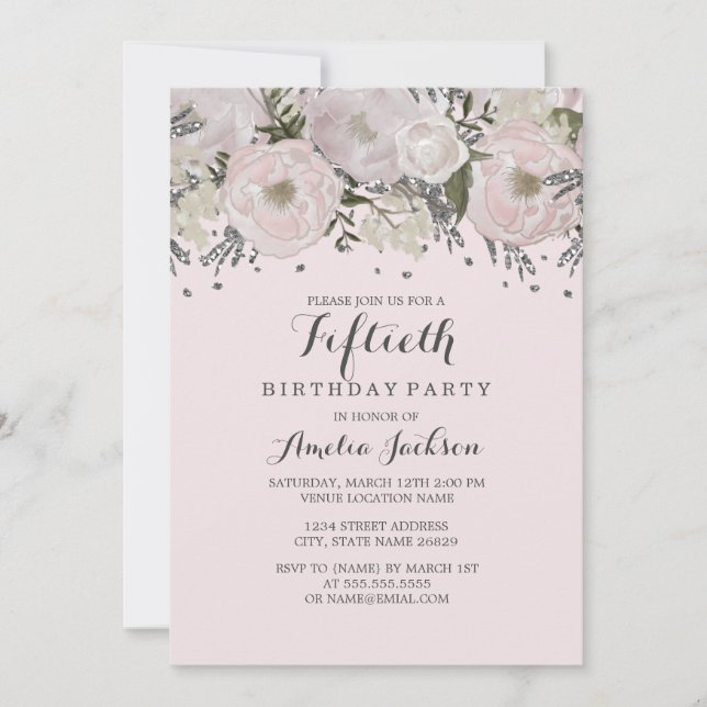 Pretty Blush Pink Silver Floral 50th Birthday Invitation (Front)