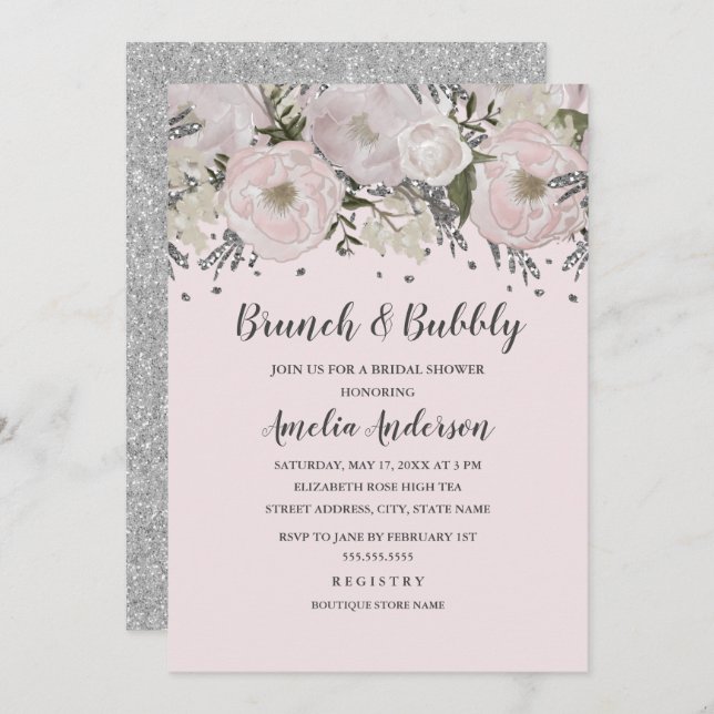 Pretty Blush Pink Silver Floral Brunch And Bubbly Invitation (Front/Back)