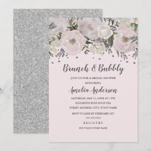 Pretty Blush Pink Silver Floral Brunch And Bubbly Invitation