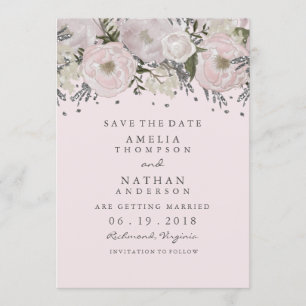 Pretty Blush Pink Silver Floral Save The Date