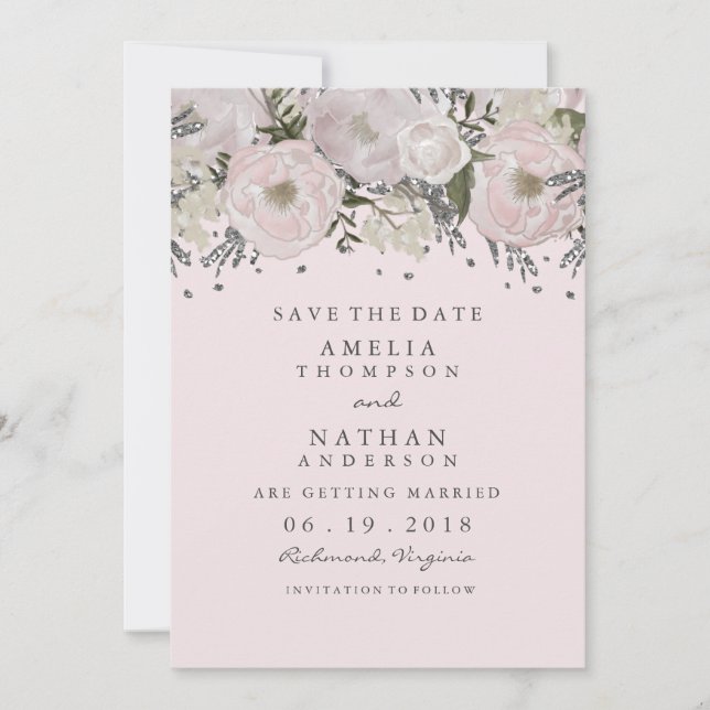 Pretty Blush Pink Silver Floral Save The Date (Front)