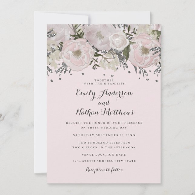 Pretty Blush Pink Silver Floral Wedding Invitation (Front)