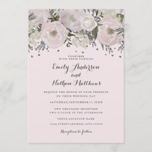 Pretty Blush Pink Silver Floral Wedding Invitation