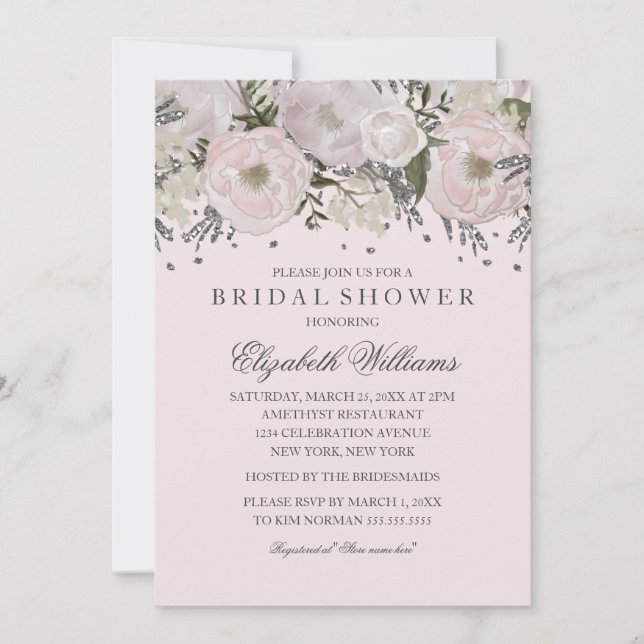 Pretty Blush Pink Silver Flower Bridal Shower Invitation (Front)