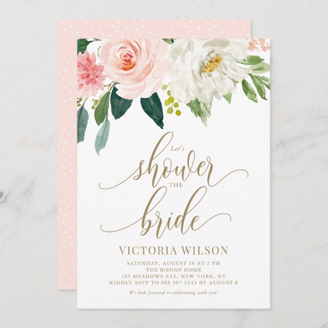 Pretty Blush Pink Spring Floral Gold Bridal Shower Invitation (Front/Back)