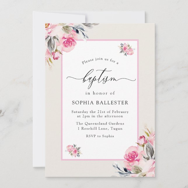Pretty Blush Pink Watercolor Flowers Baptism Invitation (Front)