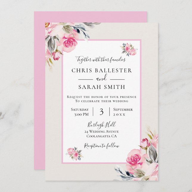 Pretty Blush Pink Watercolor Flowers Wedding Invitation (Front/Back)