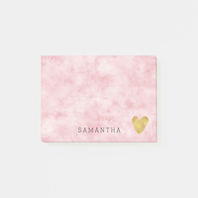Pretty Blush Pink Watercolor Gold Heart Post-it Notes (Front)