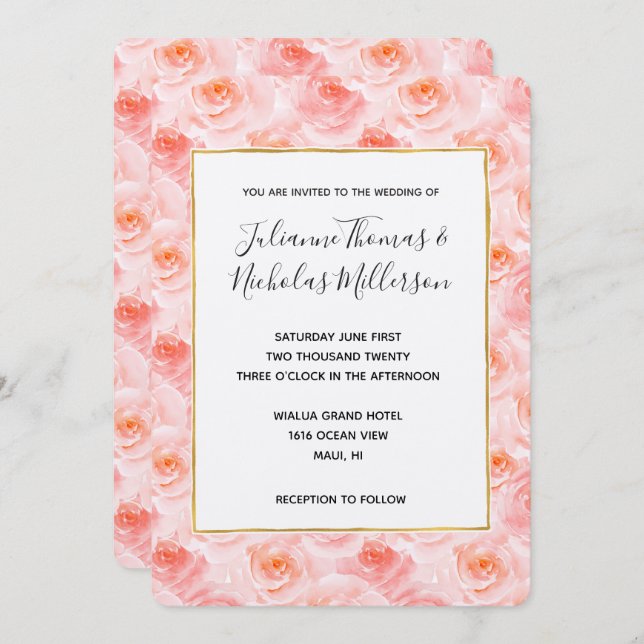 Pretty Blush Pink Watercolor Roses Wedding Invites (Front/Back)