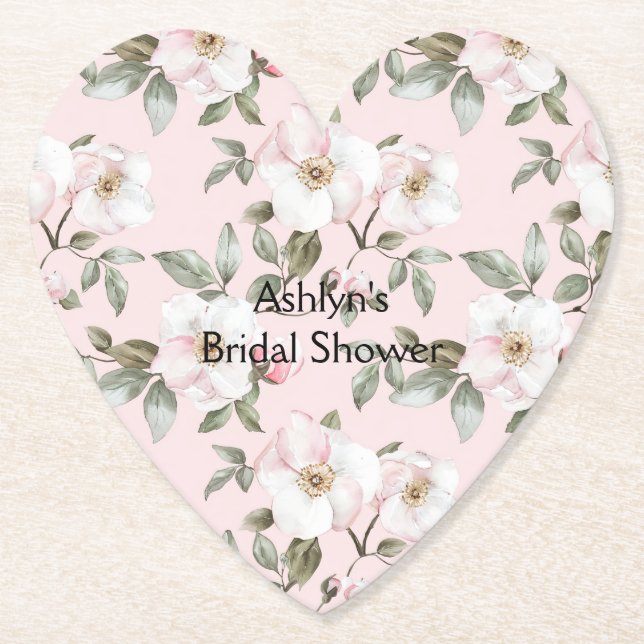Pretty Blush Pink White Flowers Bridal Shower Paper Coaster (Front)