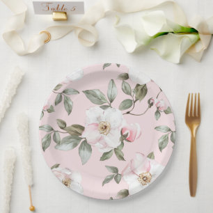 Pretty Blush Pink White Flowers Wedding Paper Plate