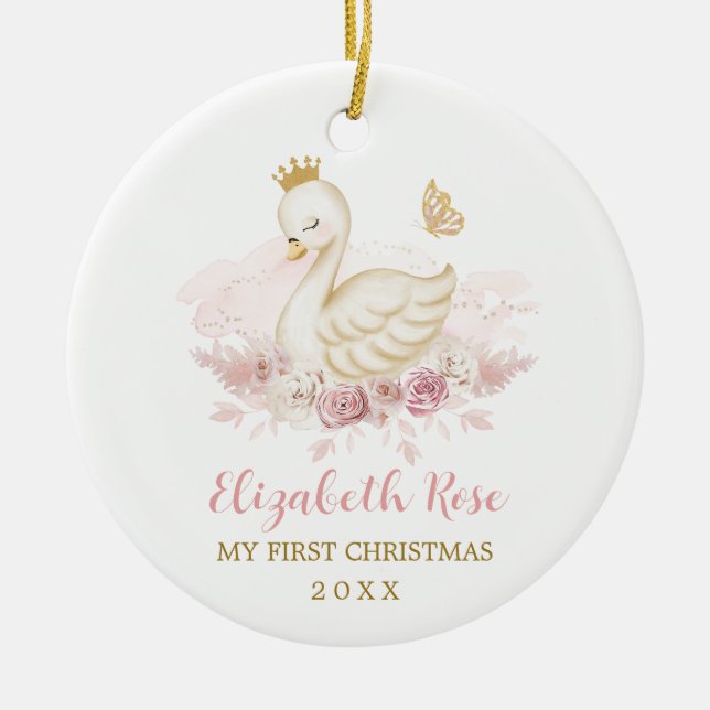 Pretty Blush Swan Princess Baby 1st Christmas Ceramic Tree Decoration (Front)