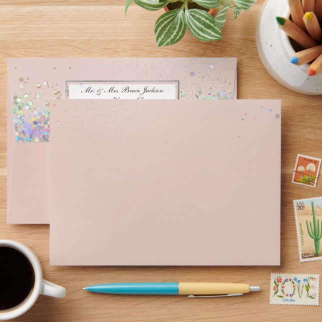 Pretty Blush with Colourful Confetti and Silver Envelope (Desk)