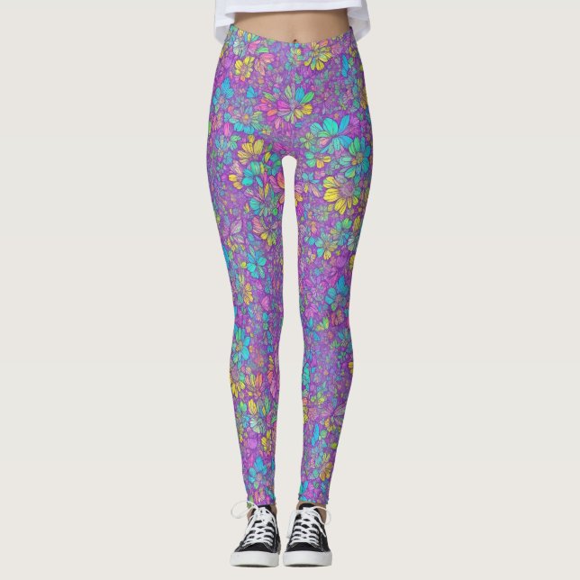 Pretty Bohemian Colourful Wildflower Floral Patter Leggings (Front)