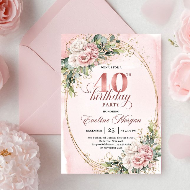 Pretty Bohemian Dusty Pink Flowers 40th Birthday  Invitation (Pretty Bohemian Dusty Pink Flowers 40th Birthday Invitation)