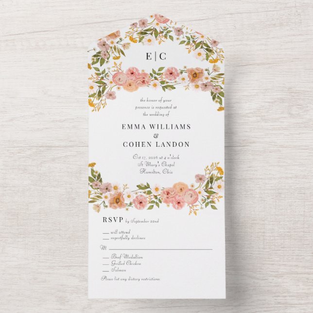 Pretty bohemian floral garden wedding all in one invitation (Inside)