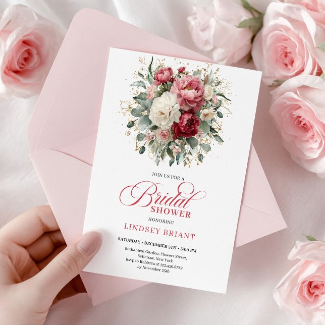 Pretty Bohemian Red Blush Gold Roses Bridal Shower Invitation (Pretty Bohemian Red Blush Gold Roses Bridal Shower

)