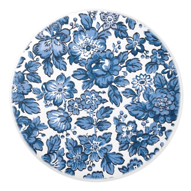 Pretty Boho Blue and White Floral Ceramic Knob (Front)