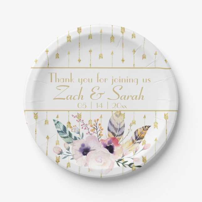 Pretty Boho Bouquet Wedding Paper Plate (Front)