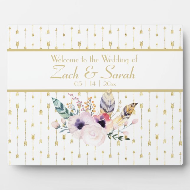 Pretty Boho Bouquet Wedding Welcome Tabletop  Plaque (Front)