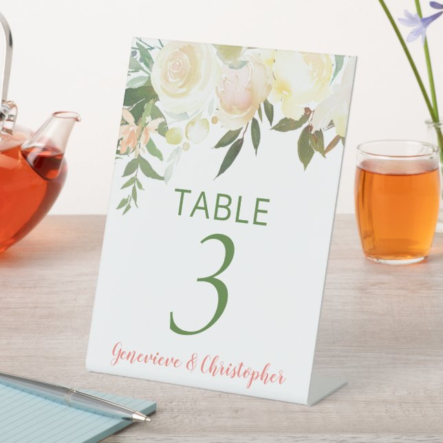 Pretty Boho Creme Rose Wedding Table Number Sign (In SItu)