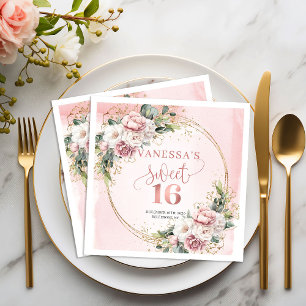 Pretty Boho Dusty Pink Floral Sweet 16 Napkins