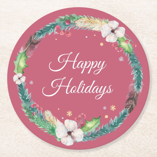 Pretty Boho Holiday Wreath  Round Paper Coaster (Front)