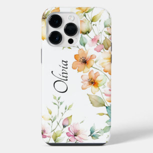 Pretty Boho Orange Pink Watercolor Wildflowers Ca iPhone 14 Pro Max Case