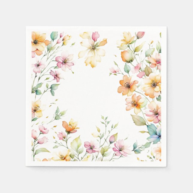 Pretty Boho Orange Pink Watercolor Wildflowers Napkin (Front)