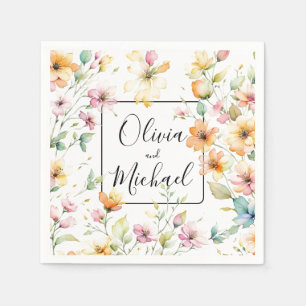 Pretty Boho Orange Pink Watercolor Wildflowers Napkin