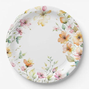 Pretty Boho Orange Pink Watercolor Wildflowers Paper Plate