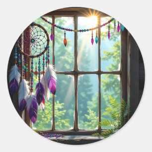 Pretty Boho Purple Dreamcatcher in Window Classic Round Sticker