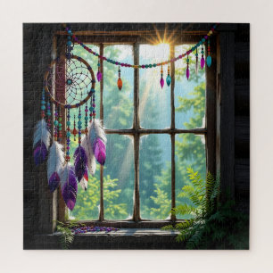 Pretty Boho Purple Dreamcatcher in Window   Jigsaw Puzzle