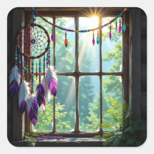 Pretty Boho Purple Dreamcatcher in Window   Square Sticker