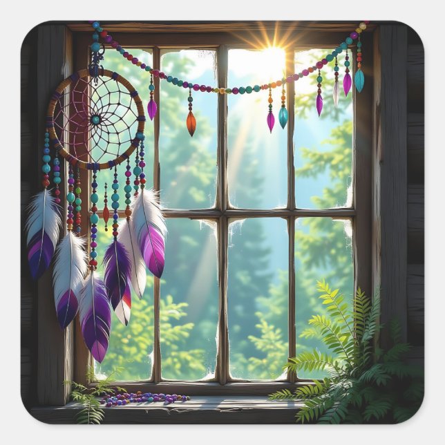 Pretty Boho Purple Dreamcatcher in Window   Square Sticker (Front)