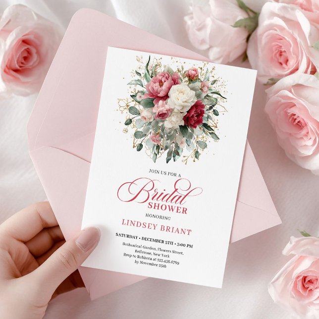 Pretty Boho Ruby White Gold Floral Bridal Shower  Invitation (Pretty Boho Ruby White Gold Floral Bridal Shower Card

)