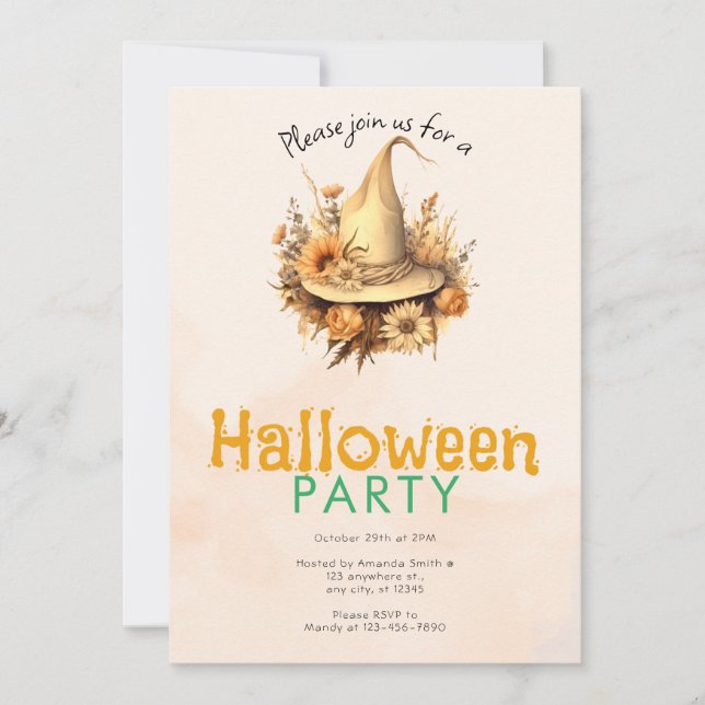 Pretty Boho Witch's Hat Halloween Party Invitation (Front)