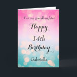 Pretty Bokeh 14th Birthday Granddaughter Card<br><div class="desc">A pink and blue bokeh 14th birthday card for granddaughter,   which you can easily personalise with her name. Inside this unique birthday card reads a heartfelt birthday message,  which can also be personalised if wanted. This would make a unique birthday keepsake for her.</div>