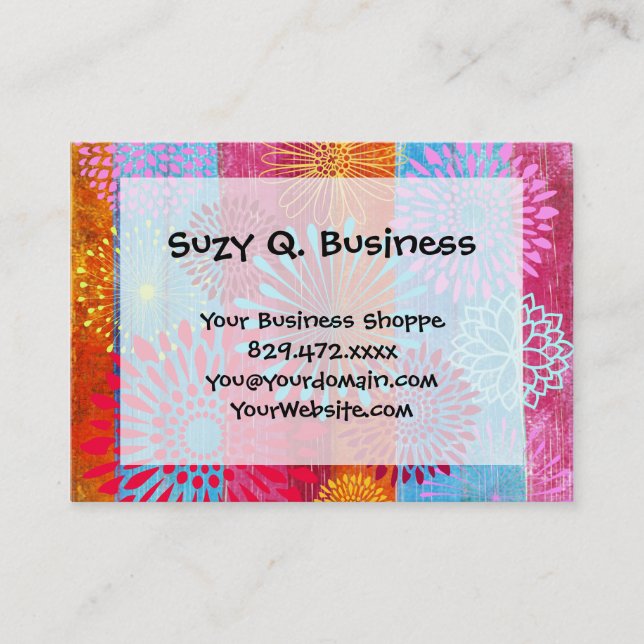 Pretty Bold Colourful Flower Bursts on Wide Stripe Business Card (Front)