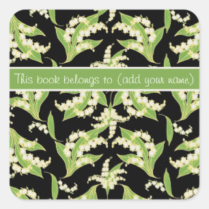 Pretty Bookplates: Lilies of the Valley, Black Square Sticker