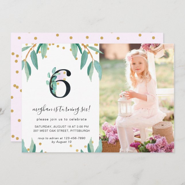 Pretty Botanical 6th Birthday Party Photo Invitation (Front/Back)