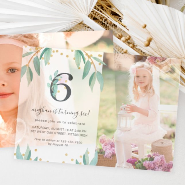 Pretty Botanical 6th Birthday Party Photo Vellum Invitations (Creator Uploaded)
