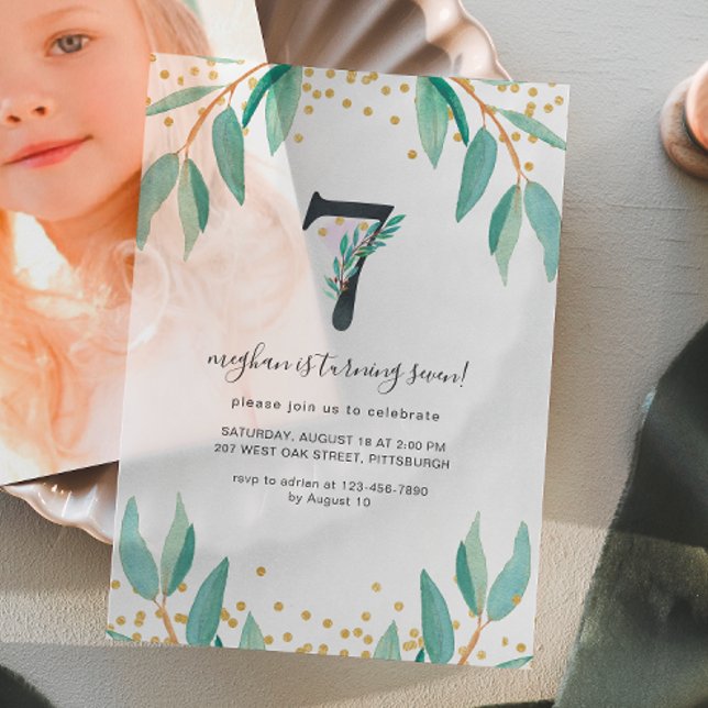Pretty Botanical 7th Birthday Party  Vellum Invitations (Creator Uploaded)