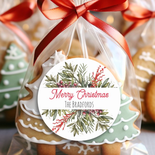 Pretty Botanical Christmas Foliage Classic Round Sticker (Creator Uploaded)