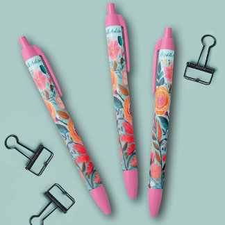 Pretty Botanical Girly Floral Black Ink Pen