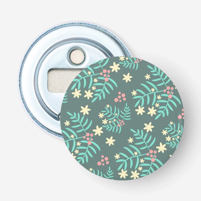 Pretty Botanical Leaves and Berries Blue Pattern Bottle Opener (Front)