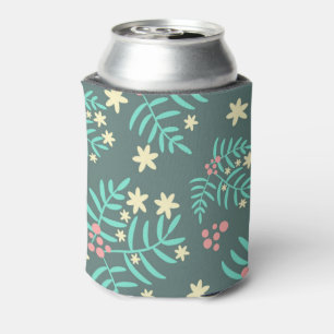 Pretty Botanical Leaves and Berries Blue Pattern Can Cooler
